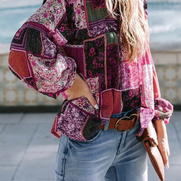 Bohemian style woman's patchwork Pull over top - Picture 2 of 6